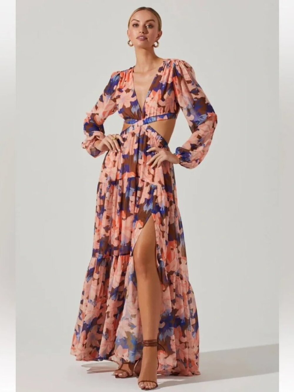ASTR The Label: Lively Dress - Pink Blue Cutout Maxi Long Sleeve Size L - Picture 2 of 7
